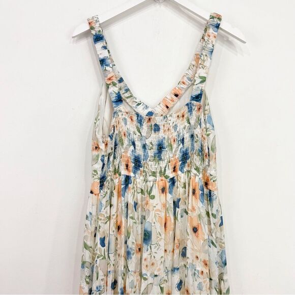 Penelope Rose White Blue Peach Floral V Neck Tiered Maxi Tank Dress NEW - Picture 8 of 16